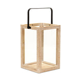 16" Clear And Natural Glass And Solid Wood Tabletop Lantern Candle Holder