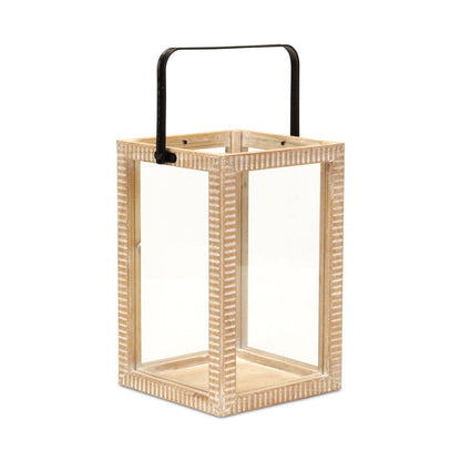16" Clear And Natural Glass And Solid Wood Tabletop Lantern Candle Holder