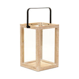 16" Clear And Natural Glass And Solid Wood Tabletop Lantern Candle Holder