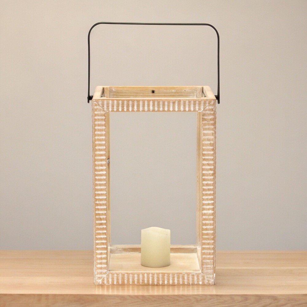 16" Clear And Natural Glass And Solid Wood Tabletop Lantern Candle Holder