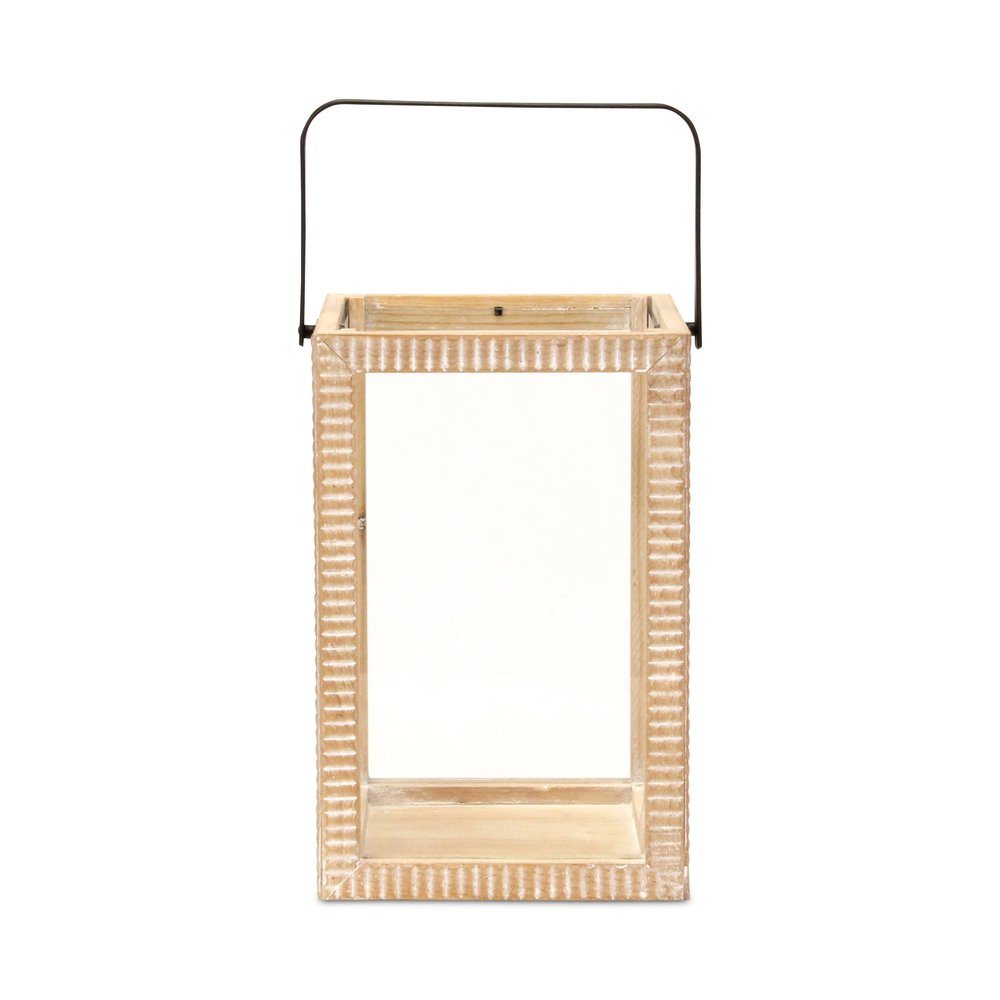 16" Clear And Natural Glass And Solid Wood Tabletop Lantern Candle Holder