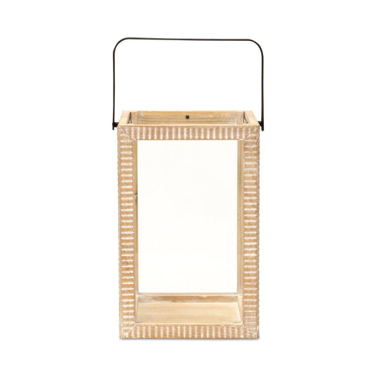 16" Clear And Natural Glass And Solid Wood Tabletop Lantern Candle Holder
