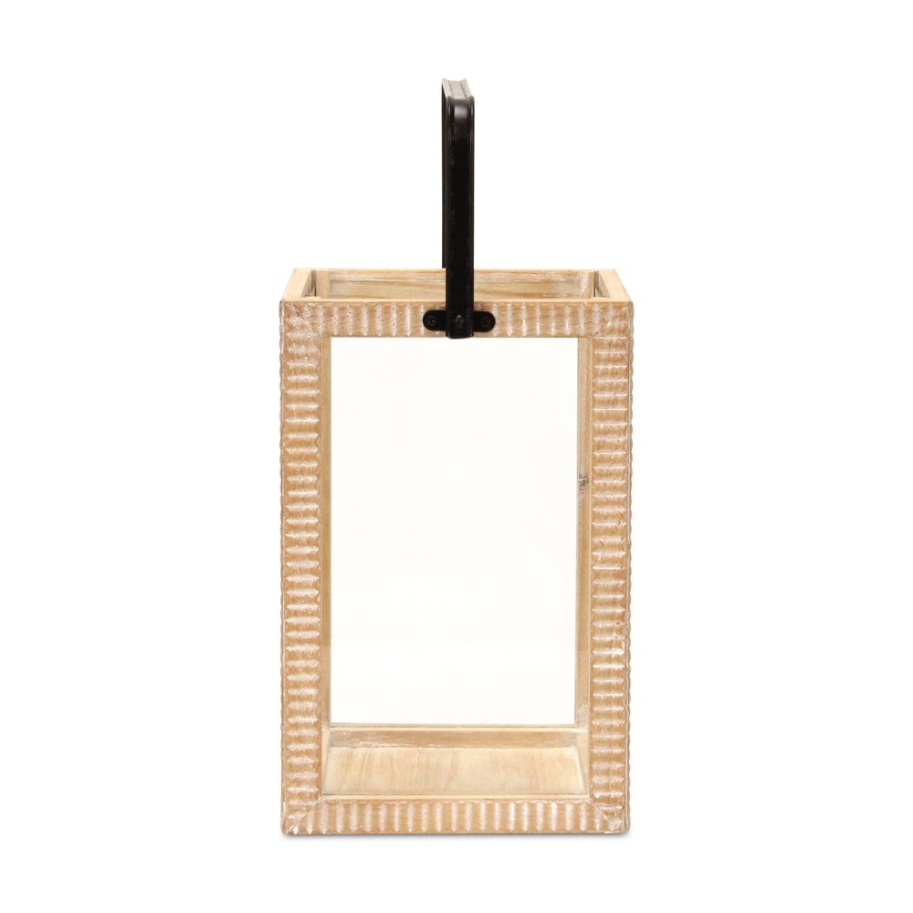 16" Clear And Natural Glass And Solid Wood Tabletop Lantern Candle Holder