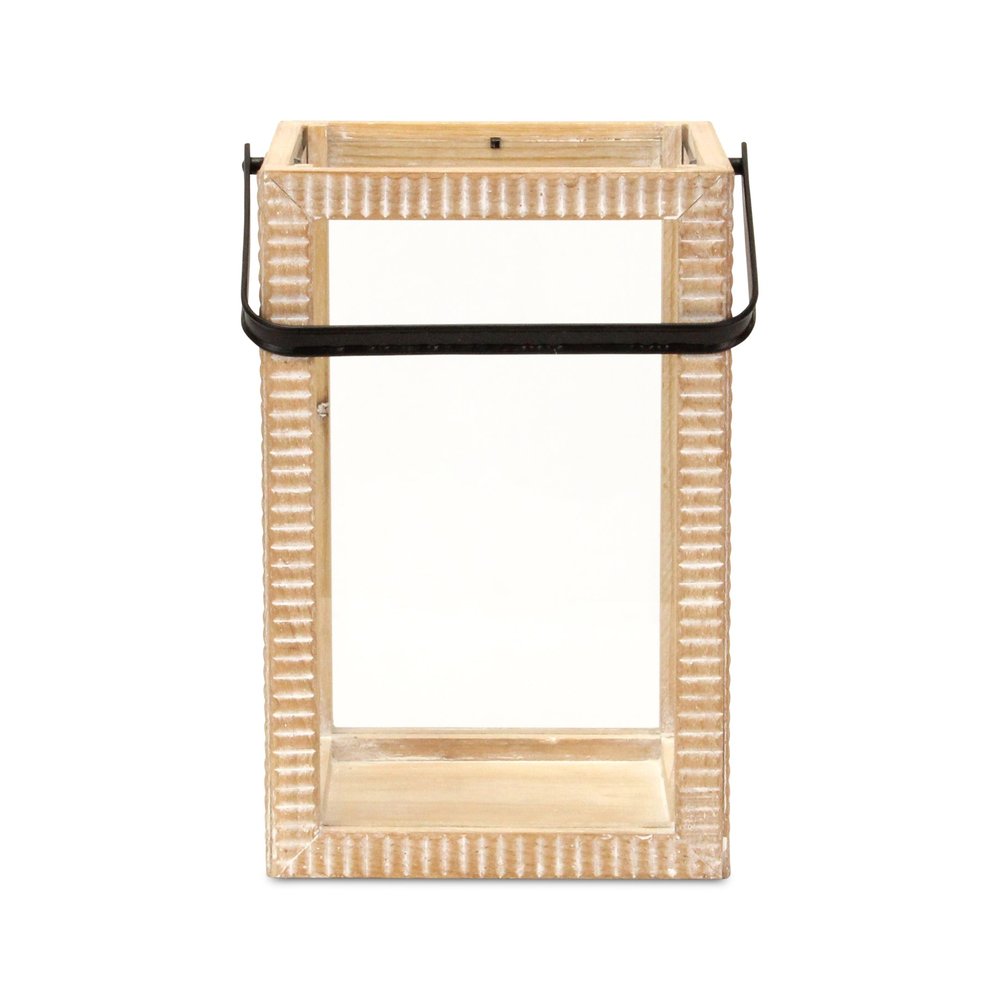 16" Clear And Natural Glass And Solid Wood Tabletop Lantern Candle Holder