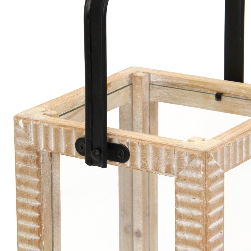 16" Clear And Natural Glass And Solid Wood Tabletop Lantern Candle Holder