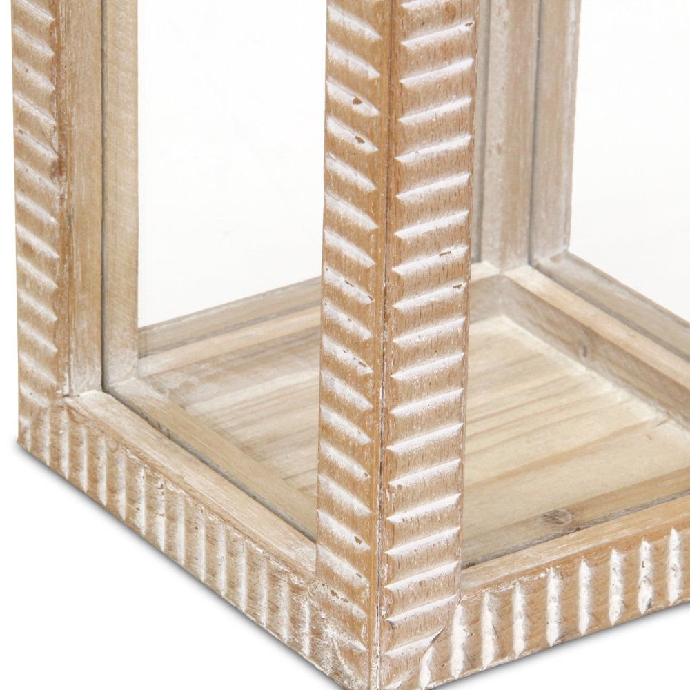 16" Clear And Natural Glass And Solid Wood Tabletop Lantern Candle Holder