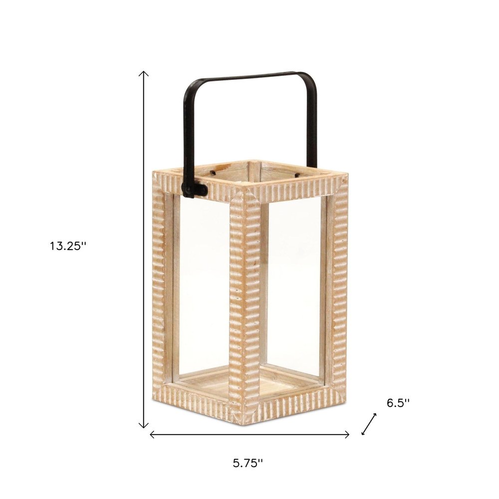 13" Natural Distressed Geometric Solid Wood Tabletop Lantern Candle Holder