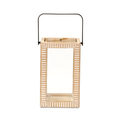 13" Natural Distressed Geometric Solid Wood Tabletop Lantern Candle Holder