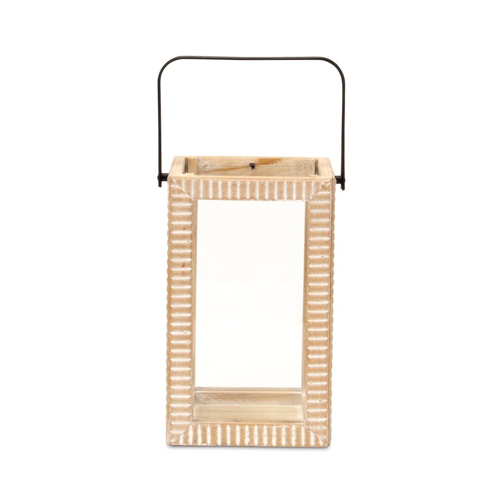 13" Natural Distressed Geometric Solid Wood Tabletop Lantern Candle Holder