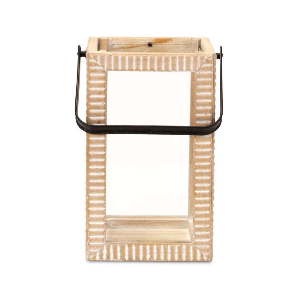 13" Natural Distressed Geometric Solid Wood Tabletop Lantern Candle Holder