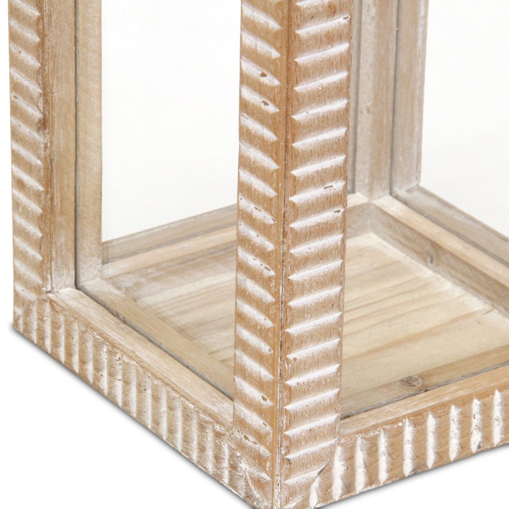 13" Natural Distressed Geometric Solid Wood Tabletop Lantern Candle Holder