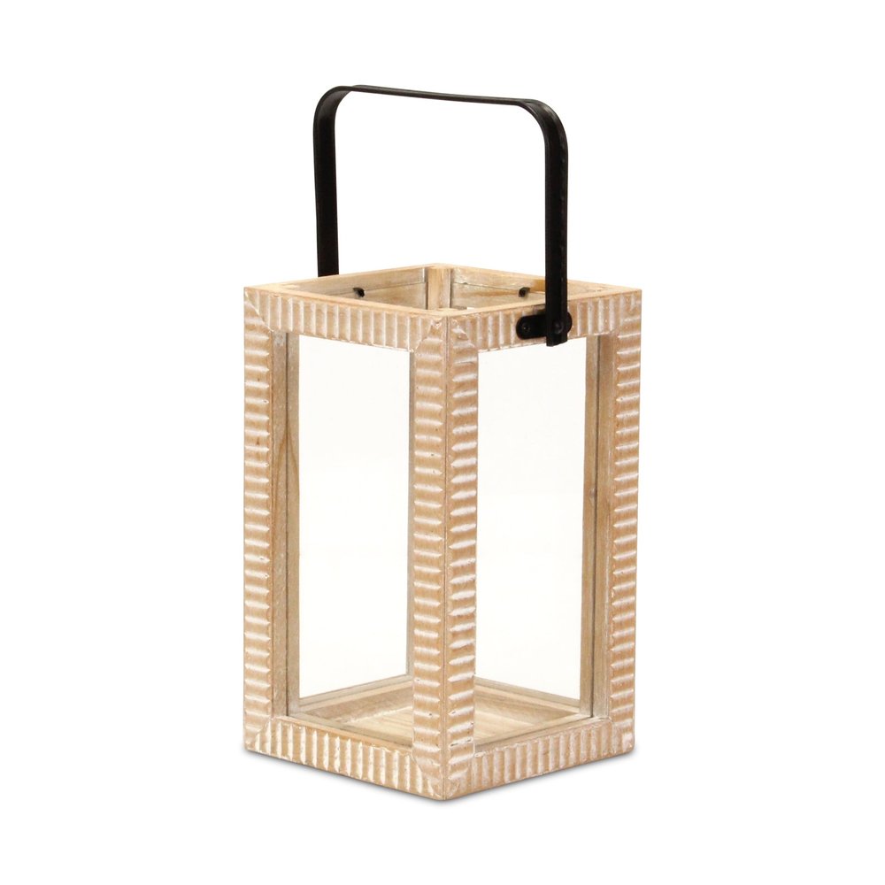 13" Natural Distressed Geometric Solid Wood Tabletop Lantern Candle Holder