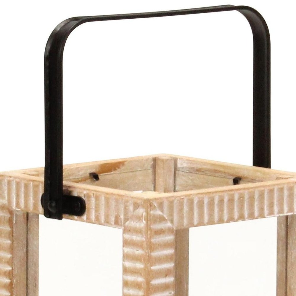 13" Natural Distressed Geometric Solid Wood Tabletop Lantern Candle Holder