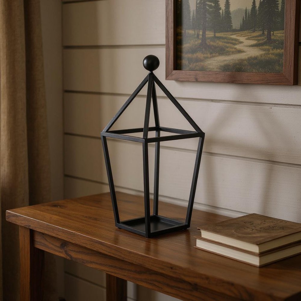 24" Black Geometric Metal Tabletop Lantern Candle Holder