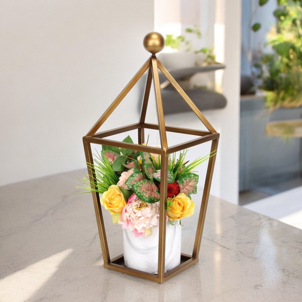24" Gold Geometric Metal Tabletop Lantern Candle Holder