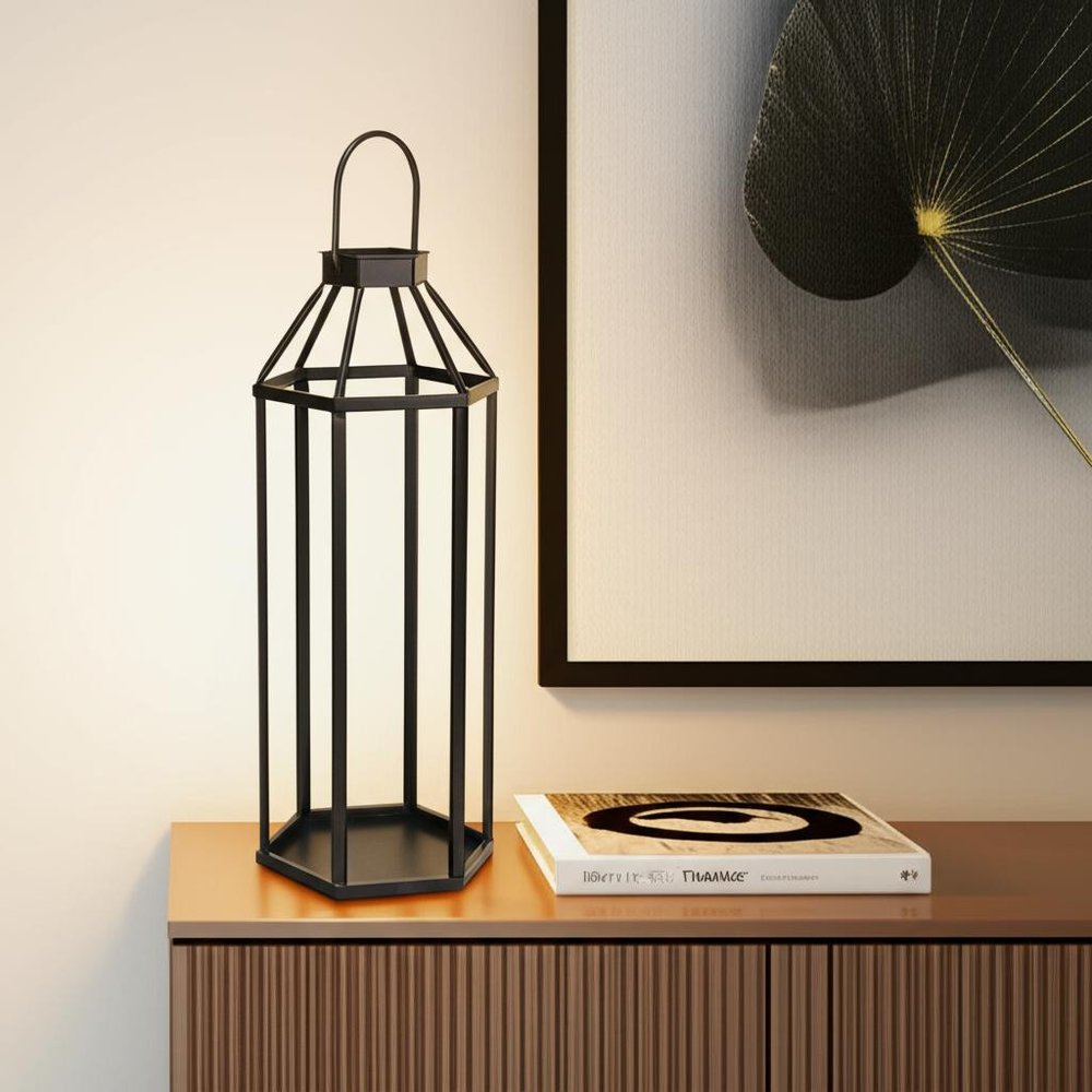 32" Black Geometric Metal Floor Lantern Candle Holder