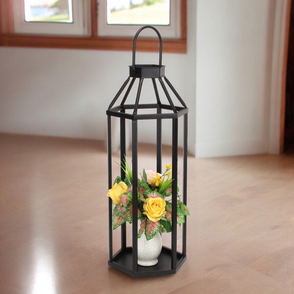 32" Black Geometric Metal Floor Lantern Candle Holder