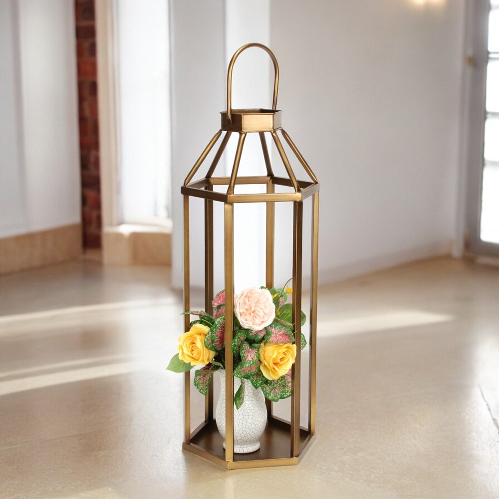 32" Gold Geometric Metal Floor Lantern Candle Holder