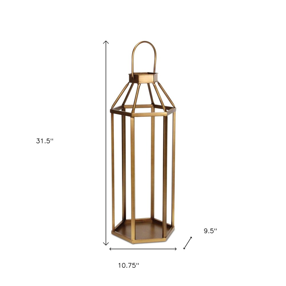 32" Gold Geometric Metal Floor Lantern Candle Holder