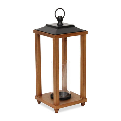 21" Brown And Black Geometric Metal And Solid Wood Tabletop Lantern Candle Holder
