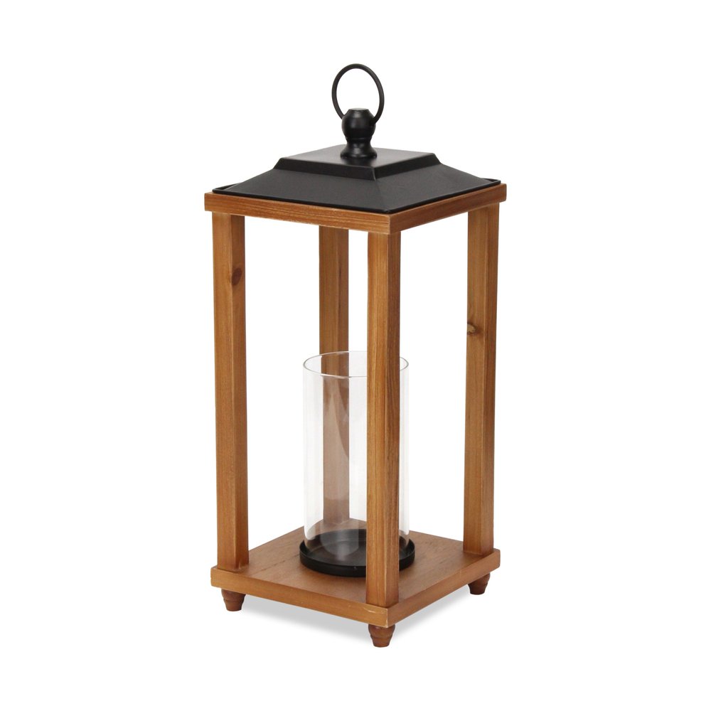 21" Brown And Black Geometric Metal And Solid Wood Tabletop Lantern Candle Holder
