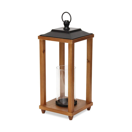 21" Brown And Black Geometric Metal And Solid Wood Tabletop Lantern Candle Holder