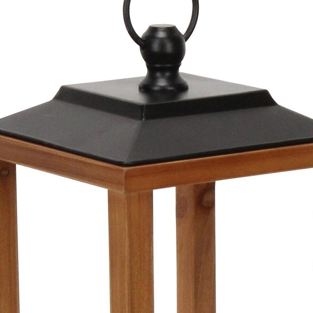 21" Brown And Black Geometric Metal And Solid Wood Tabletop Lantern Candle Holder