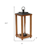 21" Brown And Black Geometric Metal And Solid Wood Tabletop Lantern Candle Holder