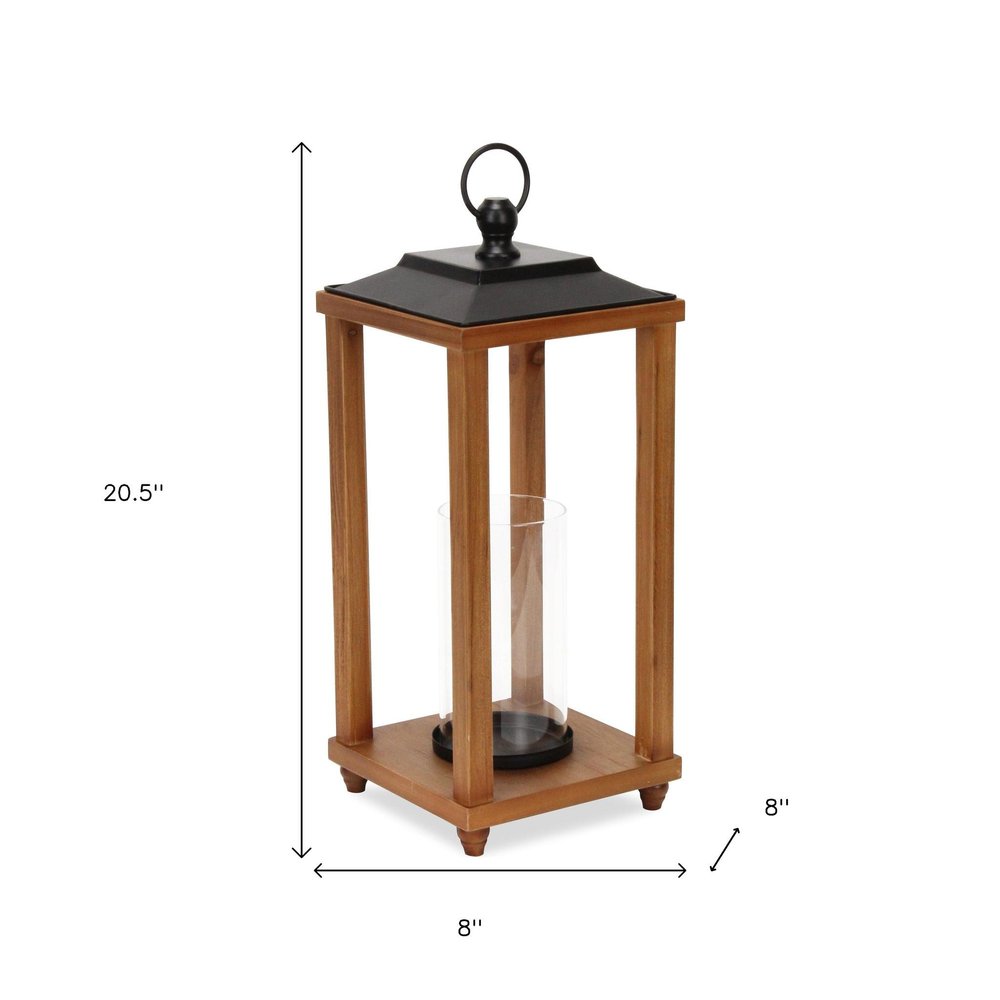 21" Brown And Black Geometric Metal And Solid Wood Tabletop Lantern Candle Holder