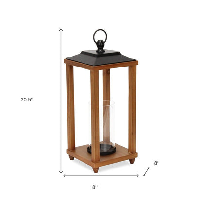 21" Black And Brown Distressed Geometric Metal And Solid Wood Tabletop Lantern Candle Holder