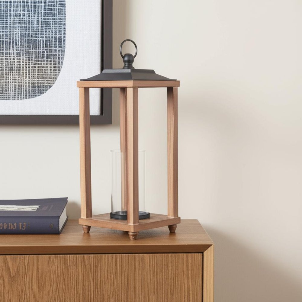 21" Brown And Black Geometric Metal And Solid Wood Tabletop Lantern Candle Holder