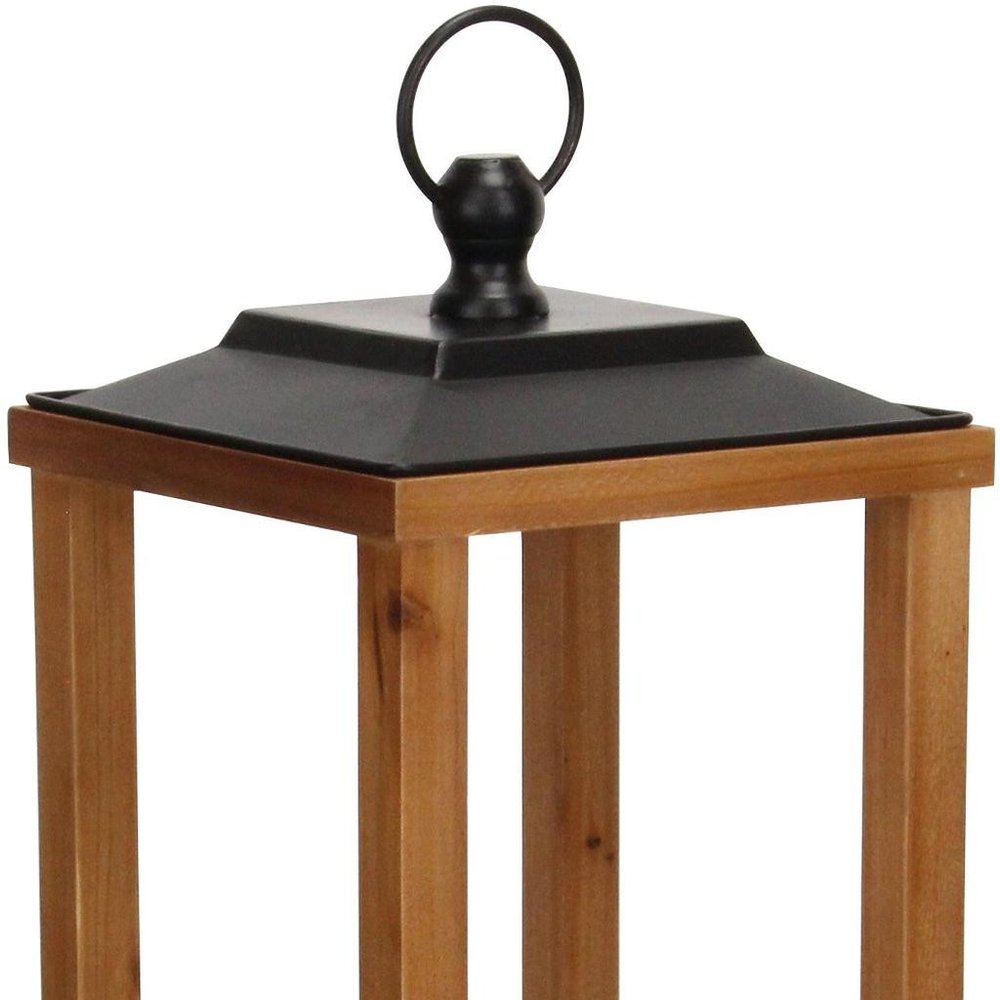 24" Brown And Black Geometric Metal And Solid Wood Floor Lantern Candle Holder