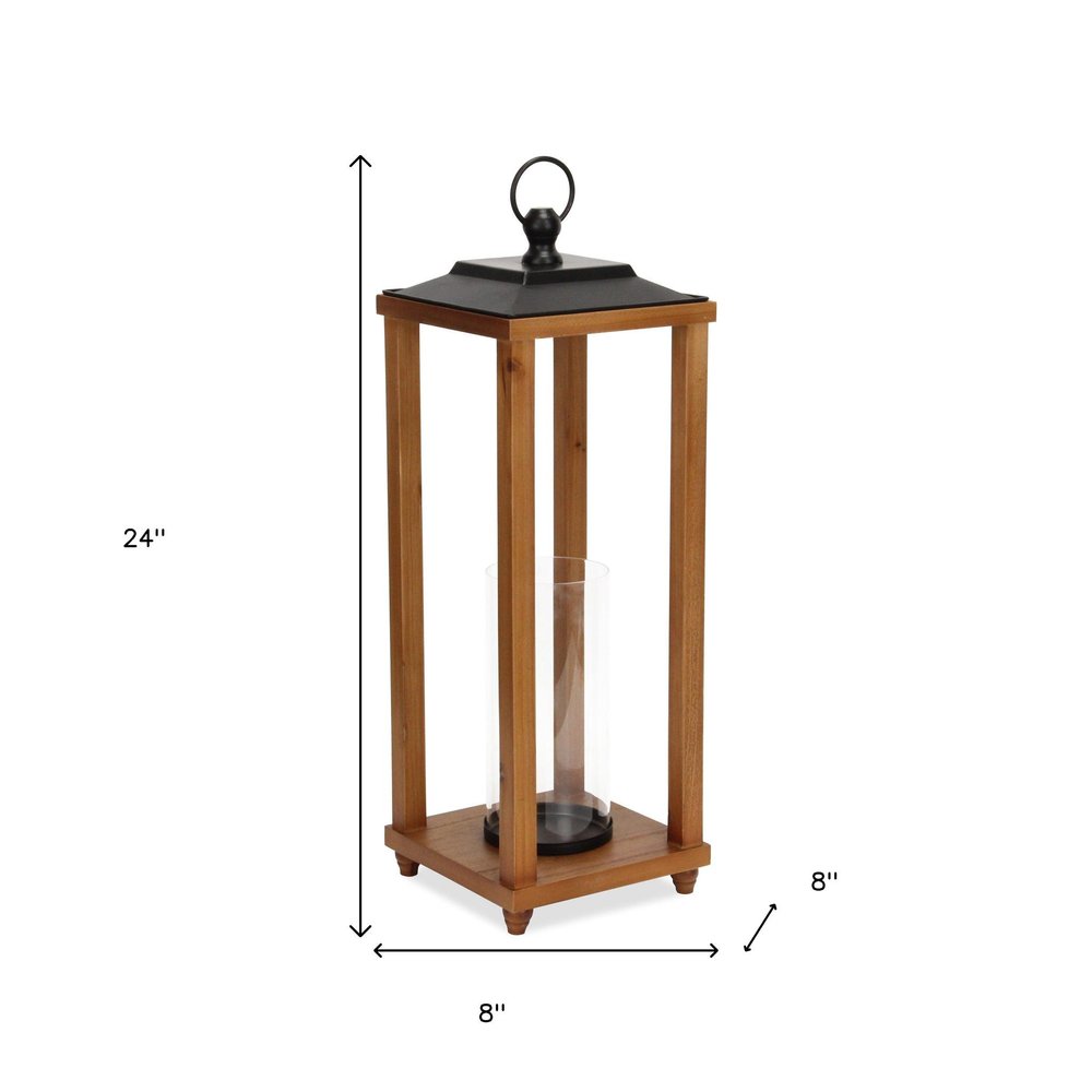 24" Brown And Black Geometric Metal And Solid Wood Floor Lantern Candle Holder