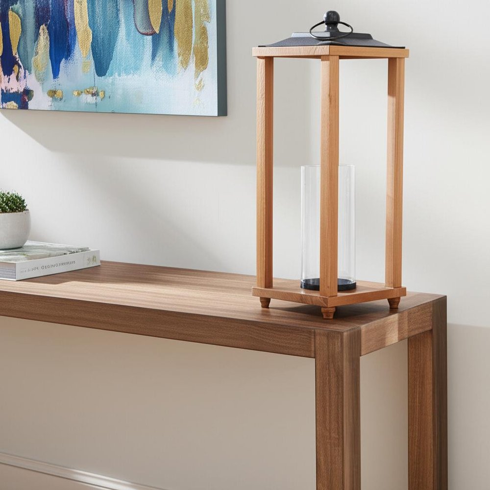 24" Brown And Black Geometric Metal And Solid Wood Floor Lantern Candle Holder