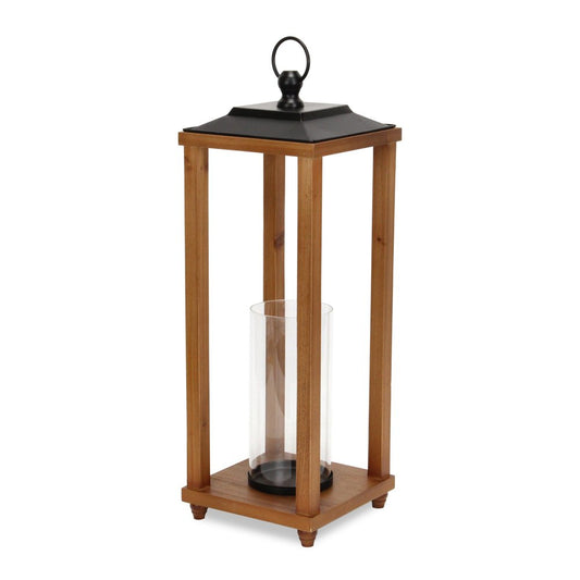 24" Brown And Black Geometric Metal And Solid Wood Floor Lantern Candle Holder