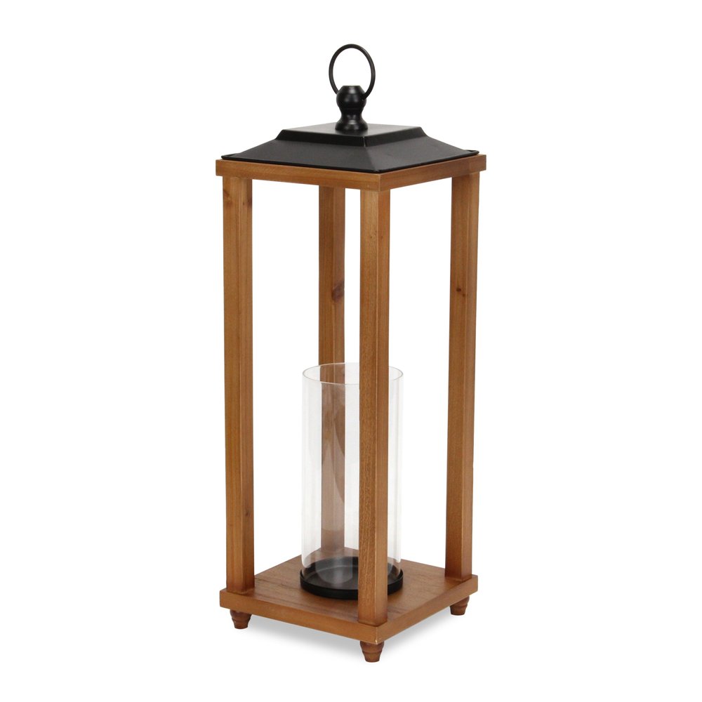 24" Brown And Black Geometric Metal And Solid Wood Floor Lantern Candle Holder