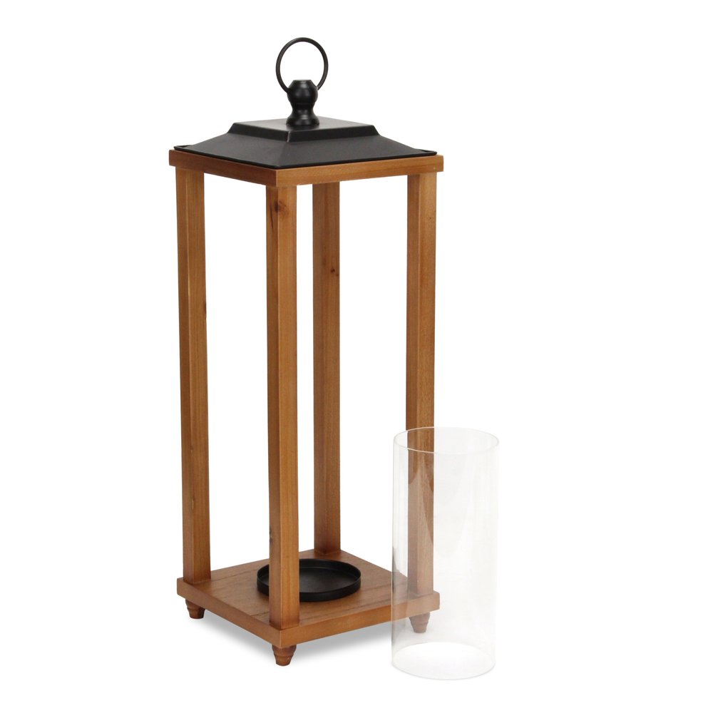 24" Brown And Black Geometric Metal And Solid Wood Floor Lantern Candle Holder