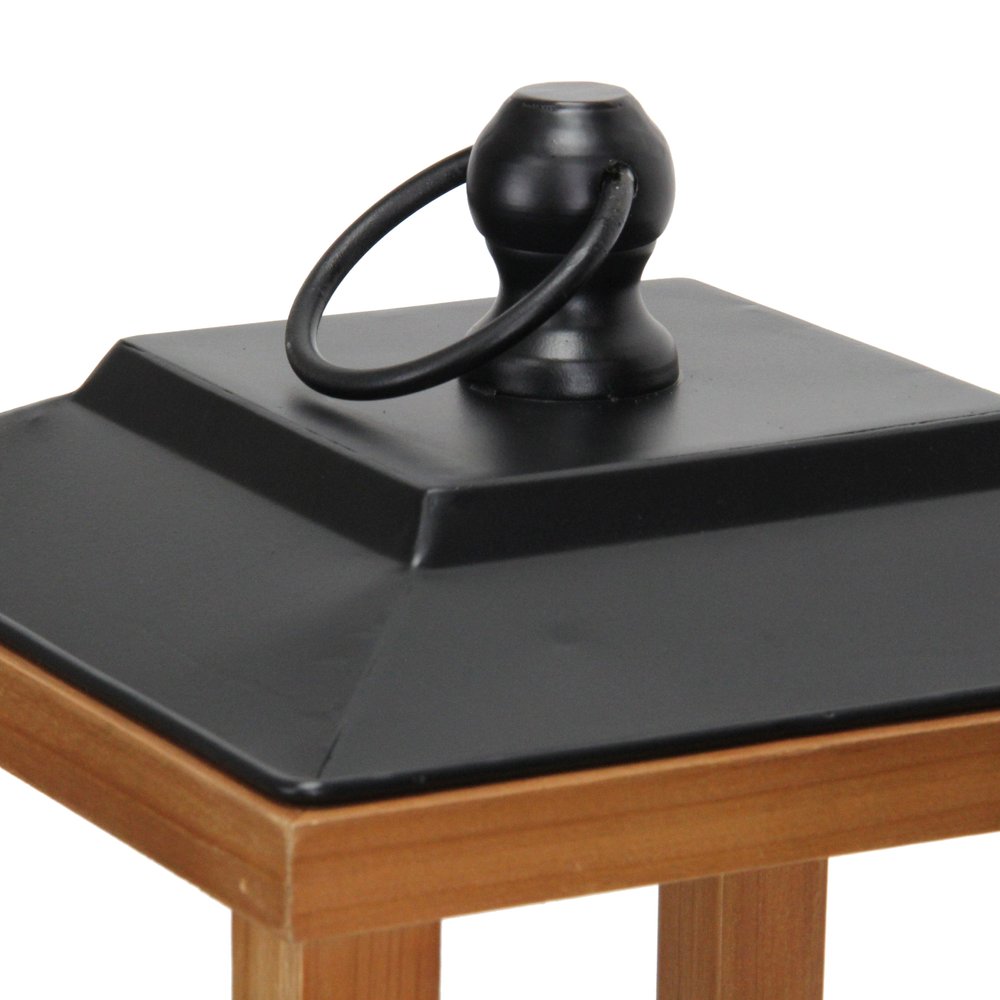 24" Brown And Black Geometric Metal And Solid Wood Floor Lantern Candle Holder