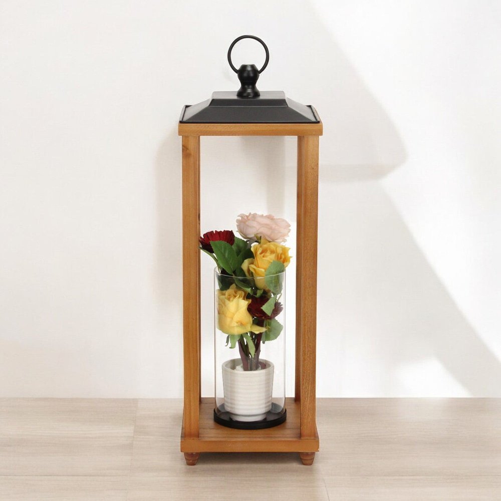 24" Brown And Black Geometric Metal And Solid Wood Floor Lantern Candle Holder