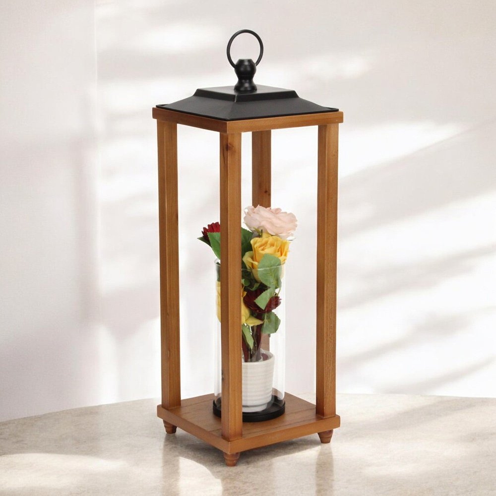 24" Brown And Black Geometric Metal And Solid Wood Floor Lantern Candle Holder