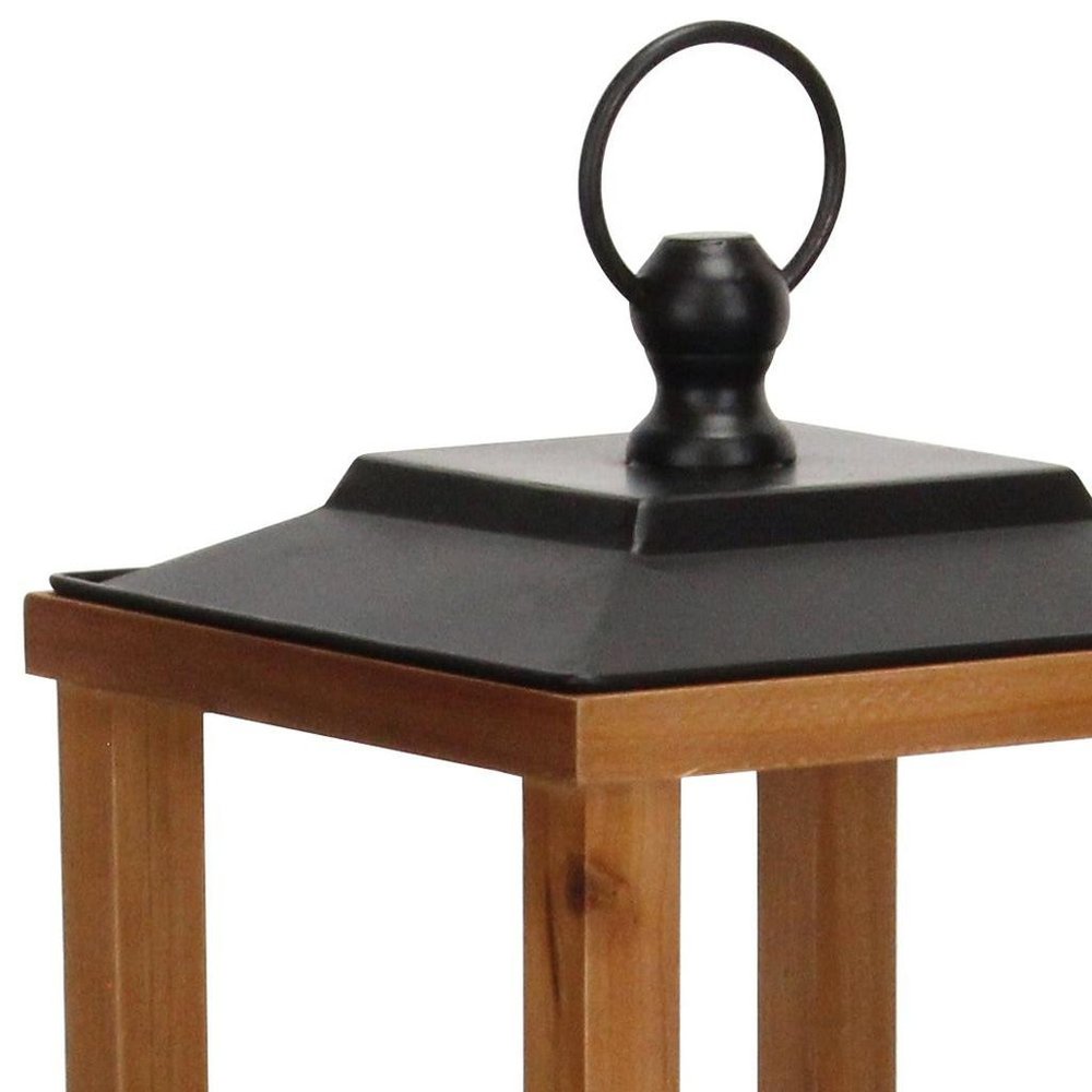 24" Brown And Black Geometric Metal And Solid Wood Floor Lantern Candle Holder