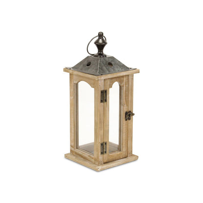 16" Natural And Gray Geometric Metal And Solid Wood Tabletop Lantern Candle Holder