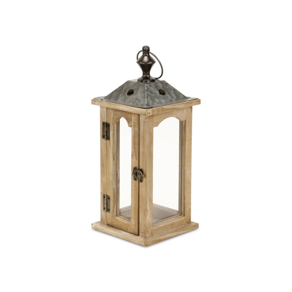 16" Natural And Gray Geometric Metal And Solid Wood Tabletop Lantern Candle Holder