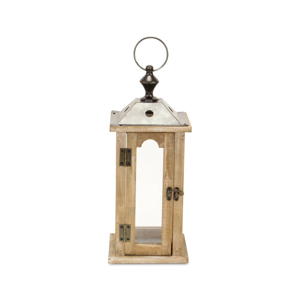 16" Natural And Gray Geometric Metal And Solid Wood Tabletop Lantern Candle Holder