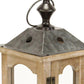 16" Natural And Gray Geometric Metal And Solid Wood Tabletop Lantern Candle Holder