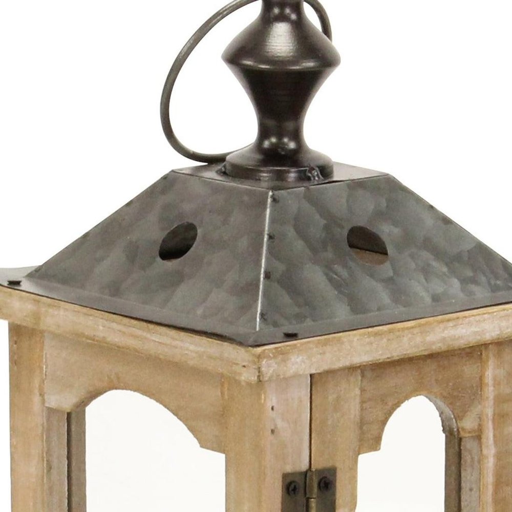 16" Natural And Gray Geometric Metal And Solid Wood Tabletop Lantern Candle Holder
