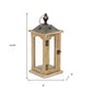 16" Natural And Gray Geometric Metal And Solid Wood Tabletop Lantern Candle Holder