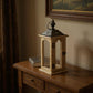 16" Natural And Gray Geometric Metal And Solid Wood Tabletop Lantern Candle Holder
