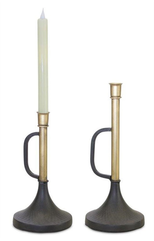 Set of Two Black And Gold Distressed Metal Tabletop Taper Candlesticks