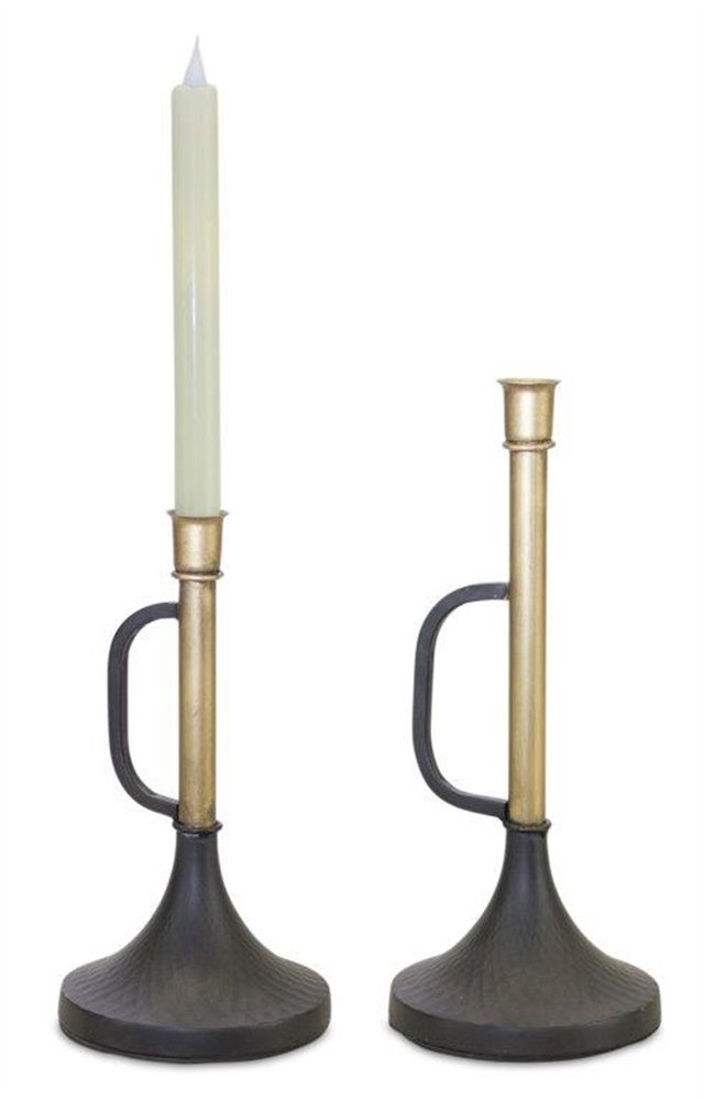 Set of Two Black And Gold Distressed Metal Tabletop Taper Candlesticks